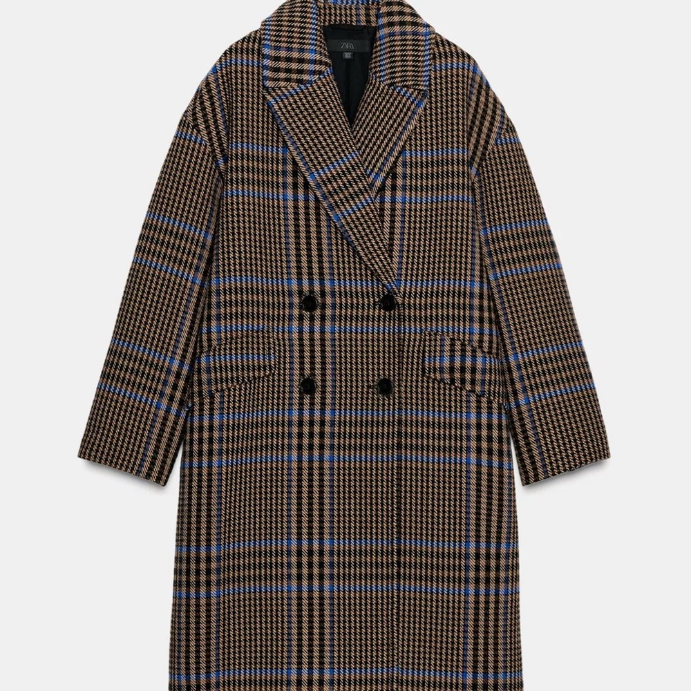 Zara Oversized Plaid Blue and Brown Check Coat - Picture 2 of 7